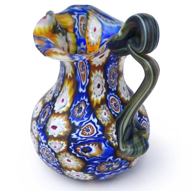 Early 20th Century Fratelli Toso Murano Millefiori Flowers Antique Italian Art Glass Ornate Handle Cabinet Vase Pitcher For Sale - Image 5 of 7