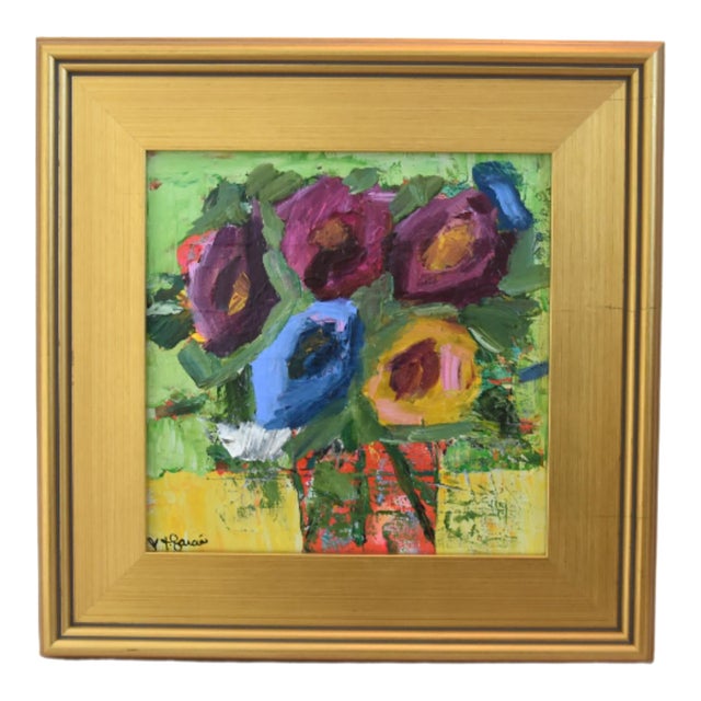 Colorful Abstract Floral Bouquet Flowers Painting Including the Antiqued Gold Wood Frame For Sale