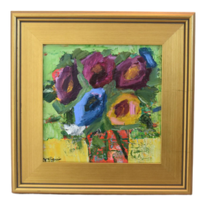 Colorful Abstract Floral Bouquet Flowers Painting Including the Antiqued Gold Wood Frame