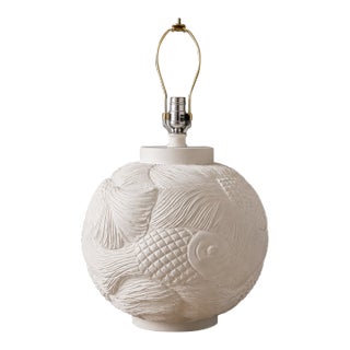 Large Vintage Sculptural White Bisque Porcelain Fish Relief Table Lamp, 1970s For Sale
