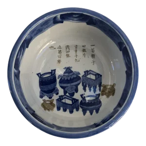 Large Vintage Hand-Decorated Chinese Export Chinoiserie Blue & White Porcelain Bowl