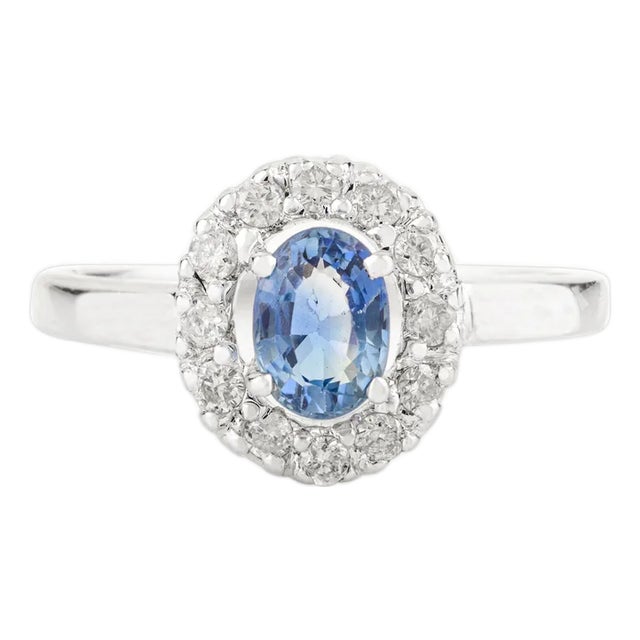 Classic 14k Gold Oval Cut Sapphire Halo Diamond Ring Size 7 For Sale