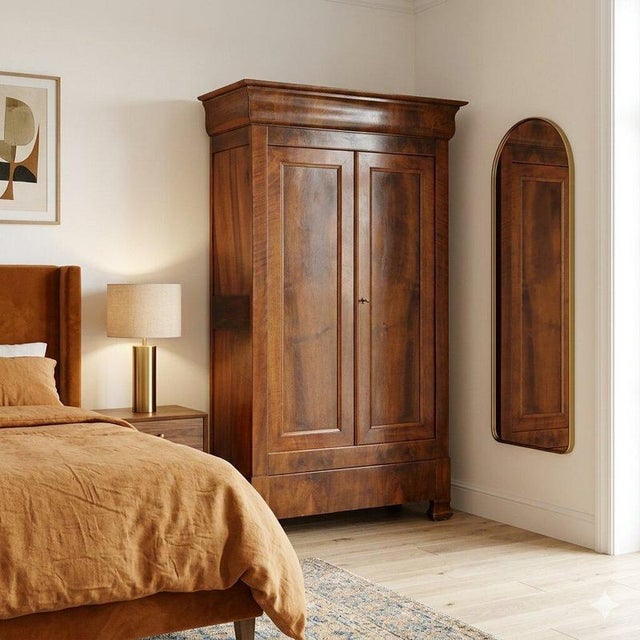 Small Charles X walnut wardrobe. Front with a pair of paneled doors and a drawer in the lower section, plinth feet, oak...