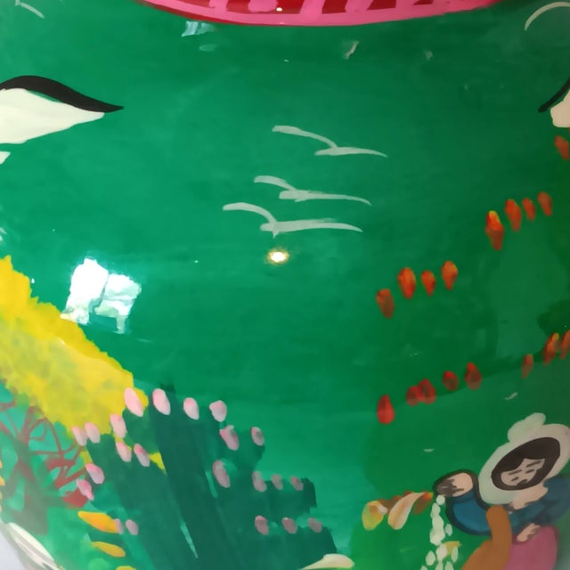 Vintage Mexican Folk Art Vase Handpainted Terracotta Colorful Green Blue Red Glossy 8" X 7" For Sale - Image 9 of 15