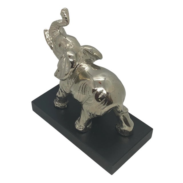 Wood Contemporary Silver Aluminum Metal Elephant Sculpture Standing on Black Wood Plinth For Sale - Image 7 of 12