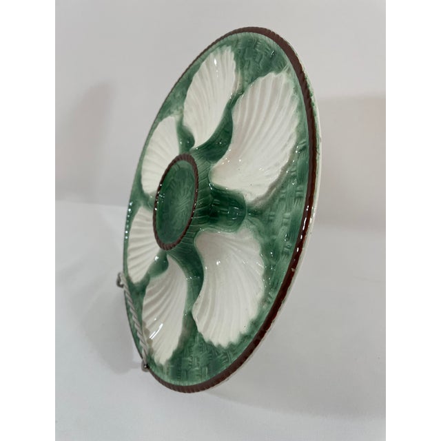 1920s Antique French Longchamp Majolica Green and White Oyster Plate For Sale - Image 6 of 14
