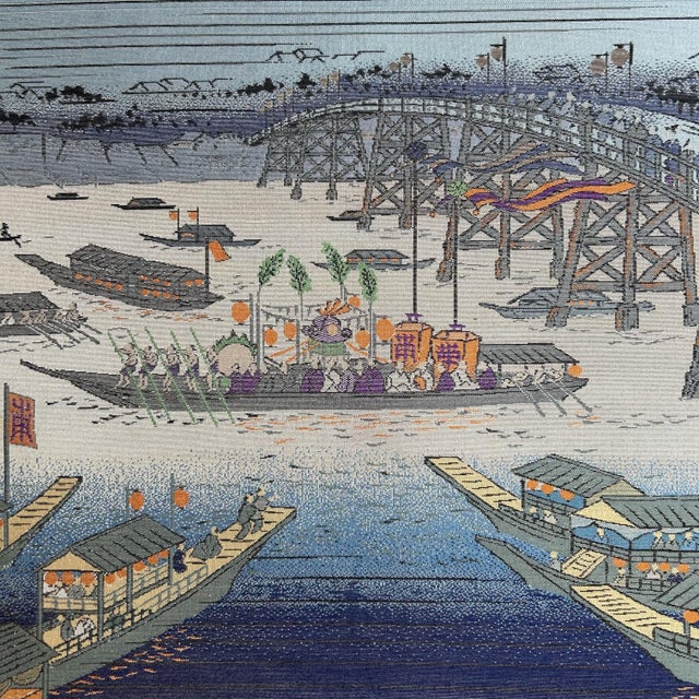 Vintage depiction of the boat procession during the Kanda Festival in Tokyo, Edo period, on textile. Dimensions: 54 cm...