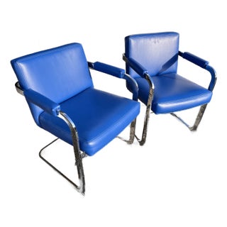 1970s Pair of Mid-Century Modern Deep Blue Milo Baughman Thayer Coggin Cantilever Arm Chairs For Sale