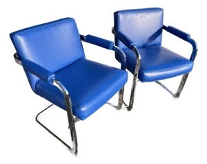 1970s Pair of Mid-Century Modern Deep Blue Milo Baughman Thayer Coggin Cantilever Arm Chairs