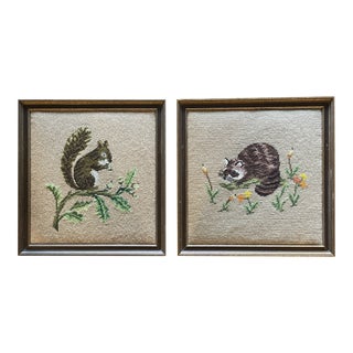 Vintage Large Cross Stitch / Needlepoint Squirrel and Raccoon Artwork in Classically Rustic Frames - Set of 2 For Sale