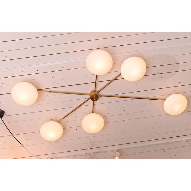 Angelo Lelii Six Arm Brass and Opaline Chandelier by Angelo Lelli For Sale - Image 4 of 5
