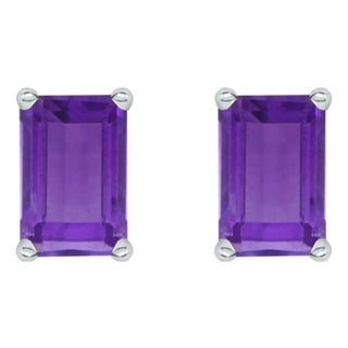 14K White Gold 6x4MM Emerald Shaped Amethyst Solitaire Stud Earrings For Sale