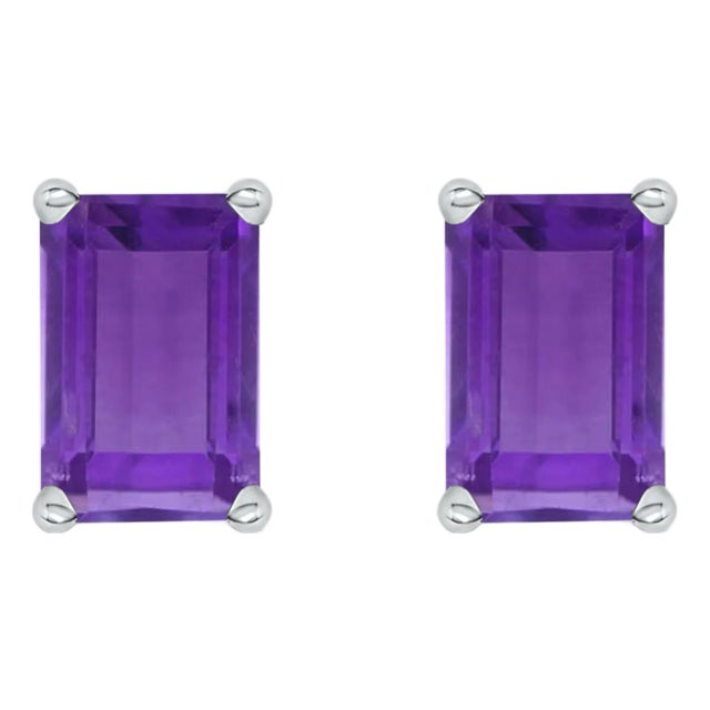 14K White Gold 6x4MM Emerald Shaped Amethyst Solitaire Stud Earrings For Sale