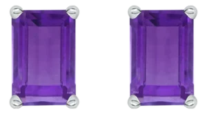 14K White Gold 6x4MM Emerald Shaped Amethyst Solitaire Stud Earrings