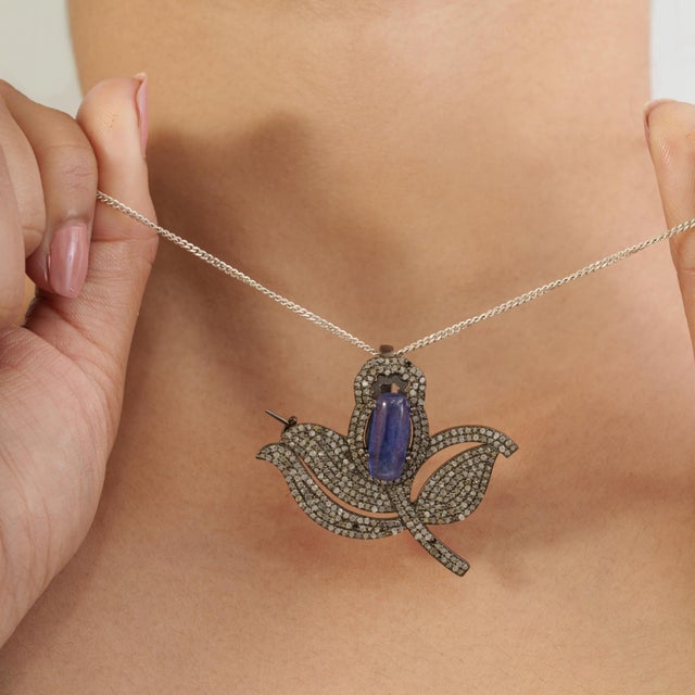 Blue 2.5 Ct Tanzanite & Diamond Tulip Convertible Brooch Pendant in 925 Sterling Silver For Sale - Image 8 of 16