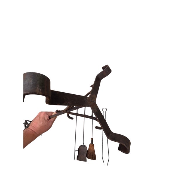 Antique Fireplace Tools Set Arts Crafts Artist Made Hand Forged Wrought Iron For Sale - Image 9 of 16