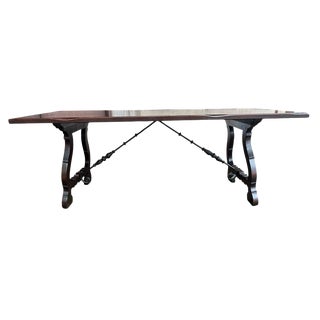 Solid Cherry Wood Spanish Colonial Style Refectory Table With Wrought Iron Stretcher, Late 20th Century For Sale