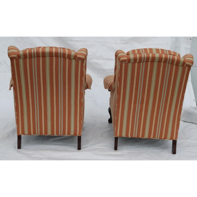 Orange Jessica Charles Queen Anne Style Striped Wingback Chairs-a Pair For Sale - Image 8 of 9