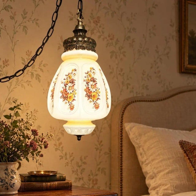 Vintage French Country Floral Glass Swag Plug in Lamp Pendant Light Reading Nook For Sale - Image 9 of 9