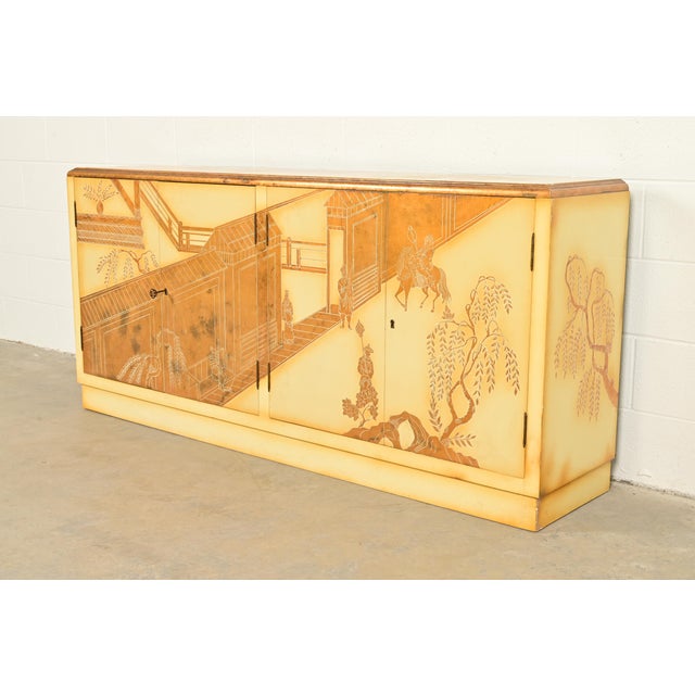 Mid-Century Modern Baker Furniture Style Hollywood Regency Chinoiserie Hand-Painted Cream Lacquered Sideboard Credenza, Circa 1970s For Sale - Image 3 of 11