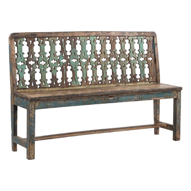 Vintage Indian Painted Teakwood Bench For Sale