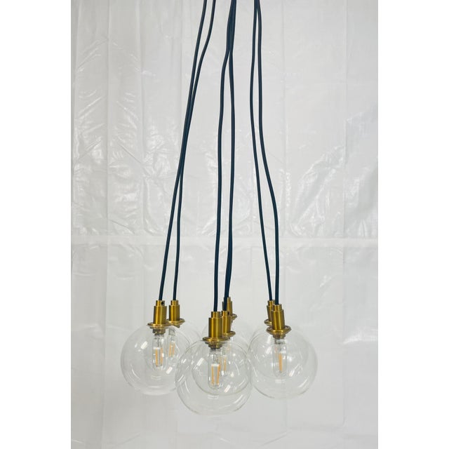 Modern Modern 7-Light Cluster Chandelier With Oversized Glass Globes and Satin Brass Ca For Sale - Image 3 of 13