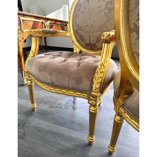 1990s French Style Light Brown Tan Velvet Chair Set With Gold Leaf Details For Sale - Image 9 of 9