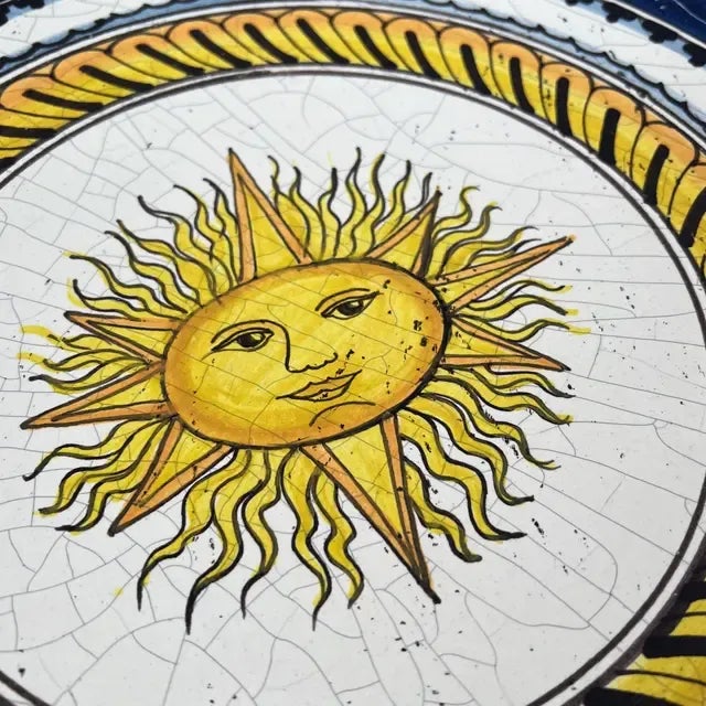 1990s Italian Hand-Painted Blue and Green Ceramic Round Sun Center Wall Plate For Sale - Image 9 of 11