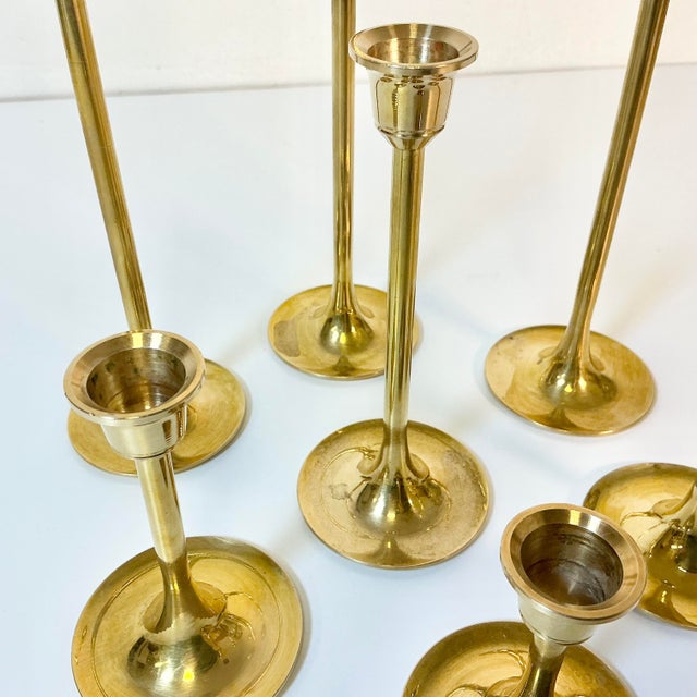 Brass Mid Century Hollywood Regency Gustavian Swedish Graduating Brass Candle Holders - Set of 7 For Sale - Image 8 of 10