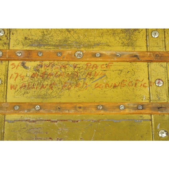 Antique Victorian Brass Clad Wooden Band Train Trunk Storage Treasure Chest For Sale - Image 4 of 11