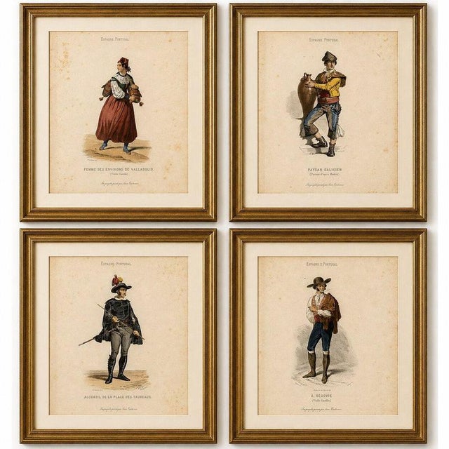 Title: set of four antique spanish costume engravings, castile & madrid, circa 1850 subject: spain, castile, madrid,...