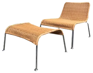 Vintage Scandinavian Rattan and Chromed Steel Lounge Chair and Ottoman Set, 1970s