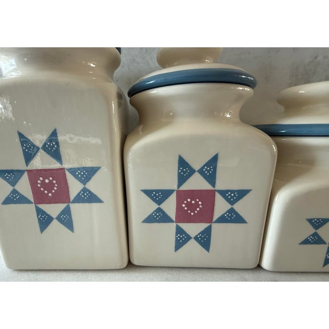 Mid 20th Century Set of 3 Vintage Ceramic Canisters With Hand Painted Quilted Star Pattern For Sale - Image 5 of 11