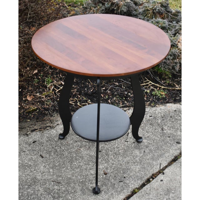 Transitional Ethan Allen Cherry Table Top End Round Black Metal Two Tier Accent Side Vintage For Sale - Image 3 of 11