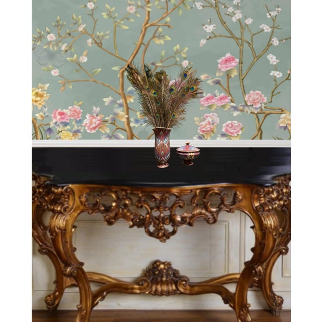 Toyo Toyo Pink Peacock Feather Pattern Porcelain Vase Container Set- A Pair For Sale - Image 4 of 18