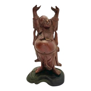 Late 20th Century Buddha Sculpture Carved Wood With Inlaid Eyes and Teeth Vintage Chinese Wealth Figure For Sale