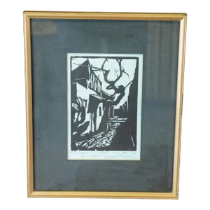 Jacob Pins German Israeli Woodcut Expressionist Print Village Street With Tree