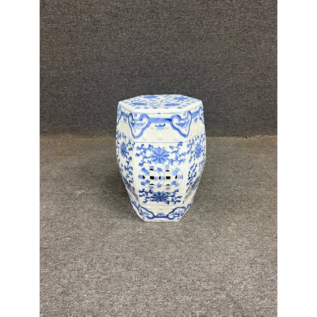 Ceramic Chinese Blue & White Porcelain Hexagonal Garden Stool For Sale - Image 7 of 8