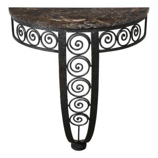 Art Deco Demilune Wrought-Iron Spiral & Noir St Laurent Marble Console Table For Sale