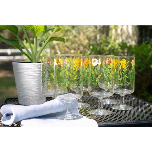Vintage set of Neiman Marcus “Weed & Wildflower” stem glasses featuring finely illustrated botanical motifs with labeled...