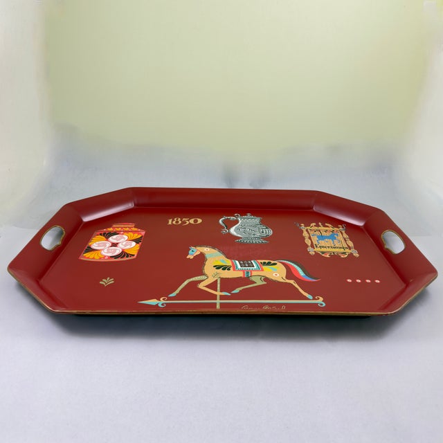 Georges Briard Georges Briard Tole De Lys Large Red Serving Tray, Enameled Metal, Mid-Century For Sale - Image 4 of 12