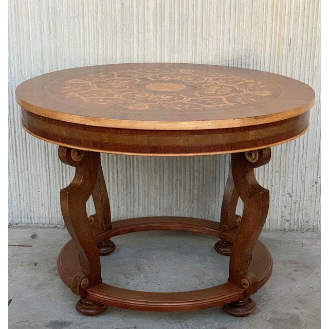 Wood 20th French Marquetry Round Center Table With Four Cabriole Legs For Sale - Image 7 of 9