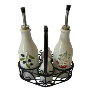 Vintage French Revol, Vinegar, Oil, Salt & Pepper in Metal Carrier- 5 Pieces