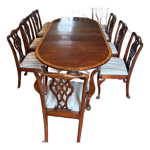 Antique Grand Regency-Style Three-Pedestal Mahogany Dining Suite, Seats 12 — Table + 10 Chairs — Brass Paw Casters For Sale