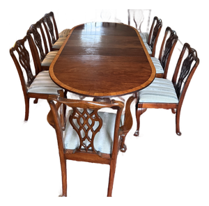 Antique Grand Regency-Style Three-Pedestal Mahogany Dining Suite, Seats 12 — Table + 10 Chairs — Brass Paw Casters