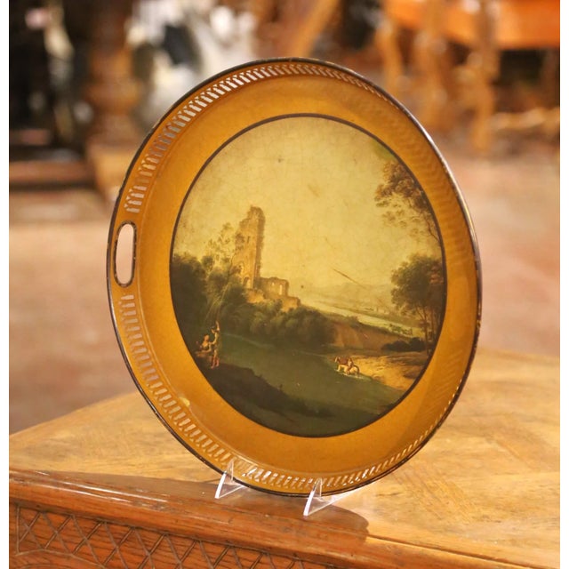 French 19th Century French Hand-Painted Round Tole Tray With Romantic Landscape Scene For Sale - Image 3 of 7