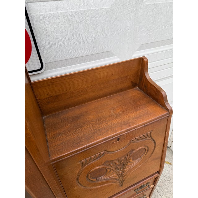 Antique Victorian Art Nouveau Oak Combination Secretary Desk and Curved Glass Bookcase With Ornate Carved Details For Sale - Image 9 of 12