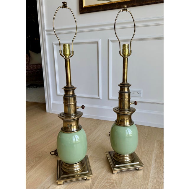 Stiffel Vintage Stiffel Celadon Green Ceramic & Solid Brass “Ostrich Egg” Table Lamps – Pair For Sale - Image 4 of 7