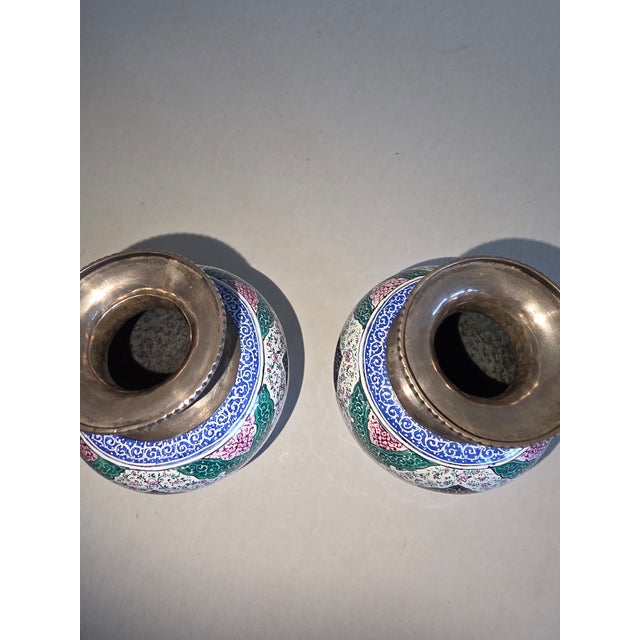 Persian Pair of Persian SilvervAnd Enamel Vases For Sale - Image 3 of 10