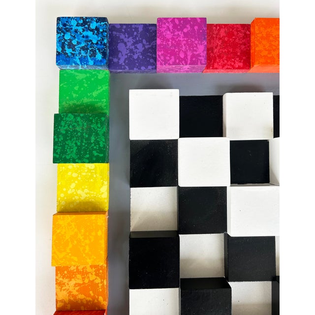 Red Vintage Bright Colorful Optical Art "Chessboard" Wall Sculpture in Wood Painted For Sale - Image 8 of 12